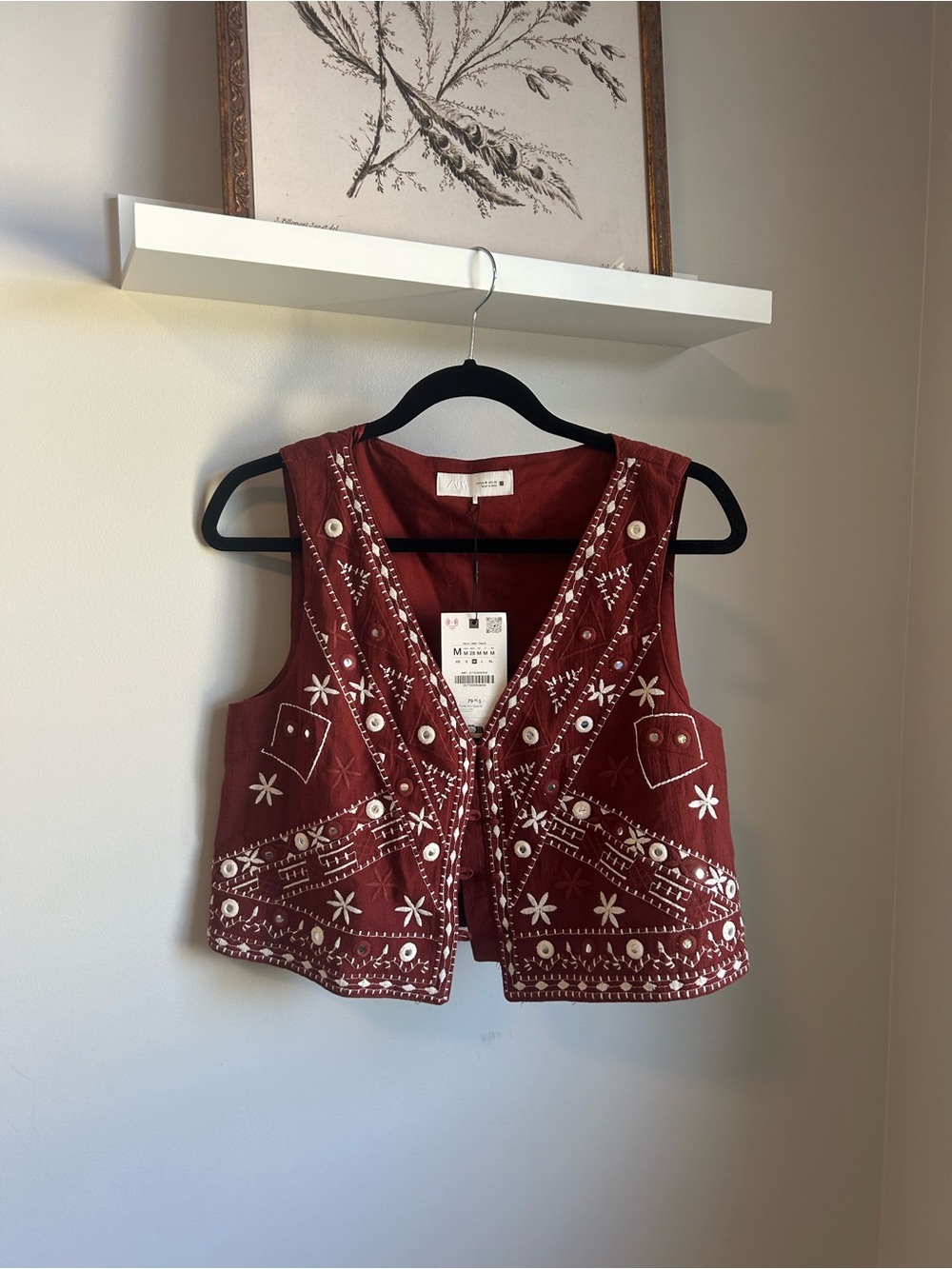 NWT Zara Embroidered Rust Red Vest with White Detailing, Size M